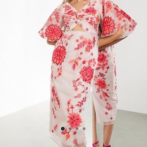 ASOS special edition embroidered organza midi dress with puff sleeves.